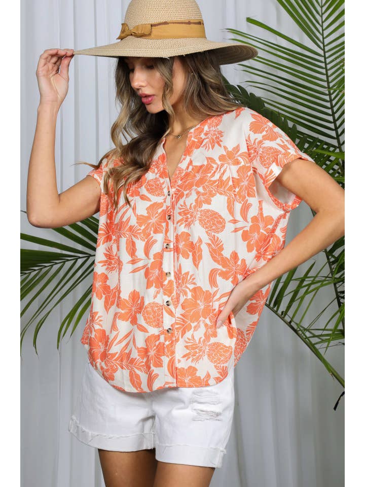 Vine & Love - Wholesale Button Down Shirt - Women's - Floral Pineapple Henley Neck Roll-Up Shirt Top VT82331A17