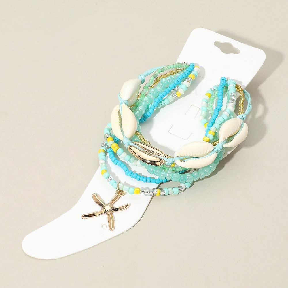 Sensibling Corp. - Wholesale Jewelry Set - 6PCS - Starfish Charm Accented Conch Shell Seed Beaded Multi Layered Anklets13