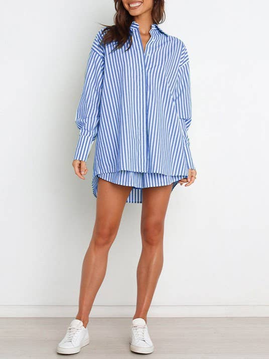 Rosa Clothing - Wholesale Top & Short Set (NOT Loungewear) - Women's - classic striped long sleeve shirt & short set holiday dressy24