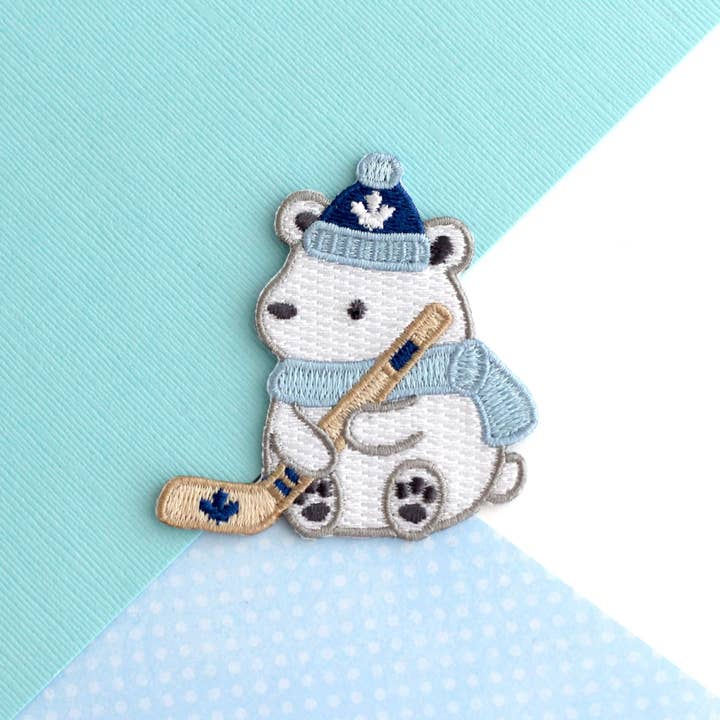Polar Bear Playing Hockey Embroidered Patch - Maple Leaf Hat for wholesale by Wild Whimsy Woolies