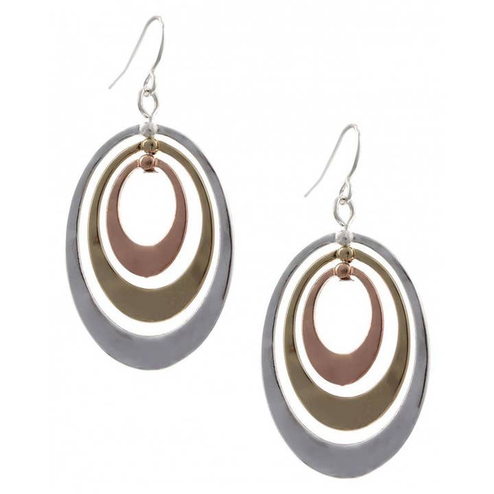FR2273 Tri-tone Layered Multi-Ring Hammered Oval Earrings for wholesale by 0011 PREMIERE