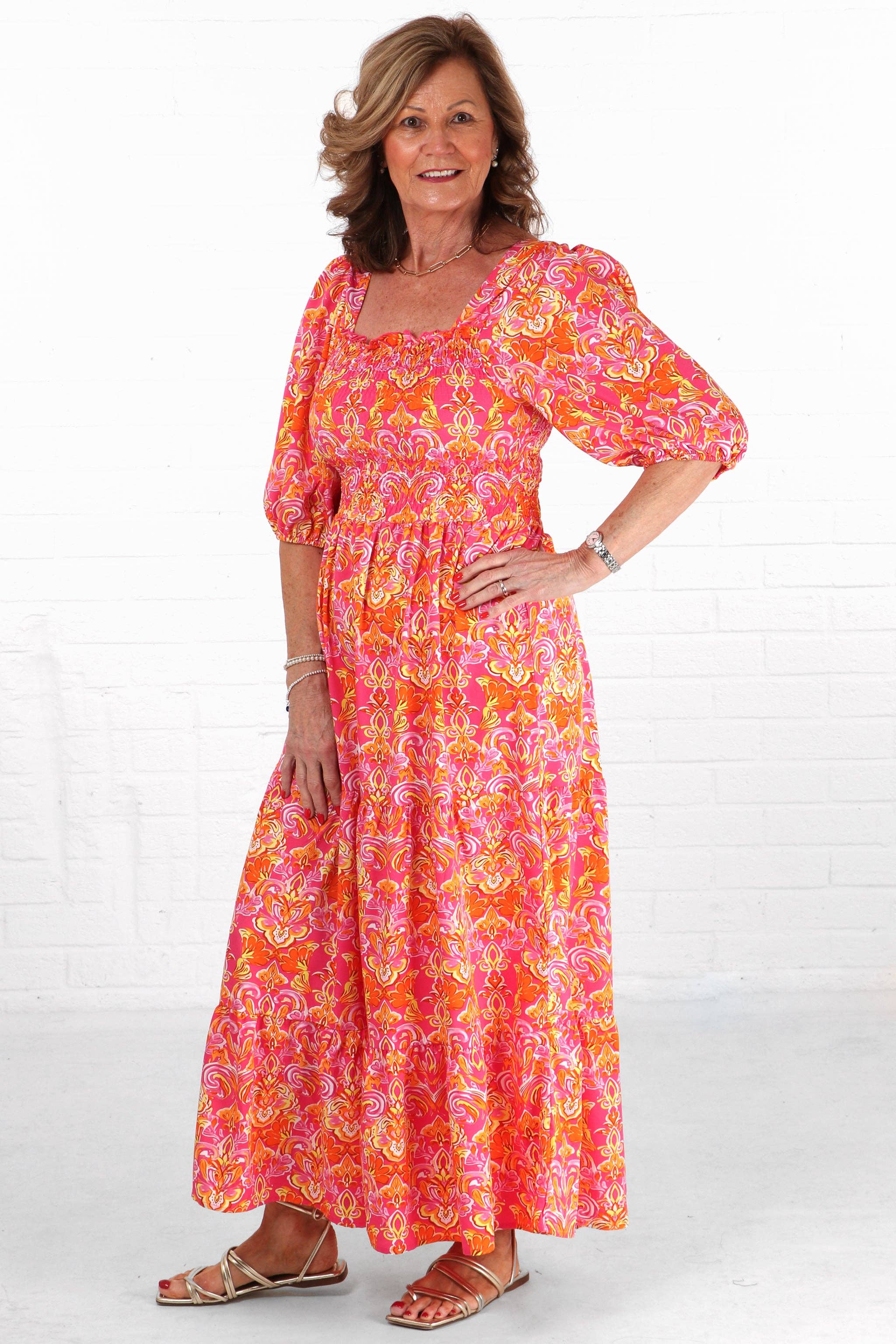 Sarta - Wholesale Dress - Women's - Fleur de Lis Print Tiered Maxi Milkmaid Dress in Pink3
