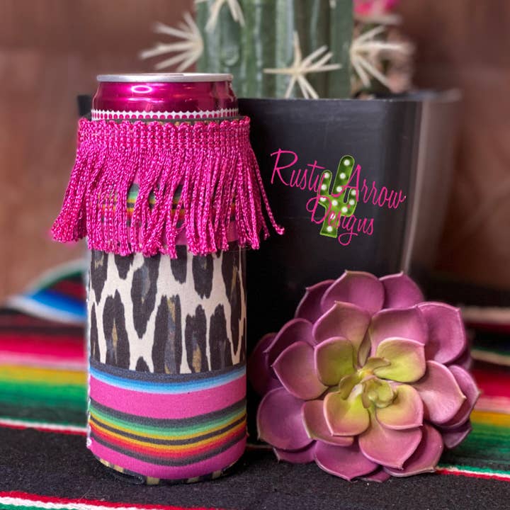 RAD Wholesale - Wholesale Drink Huggers & Koozies - Slim Serape Cheetah Fringe Koozie0