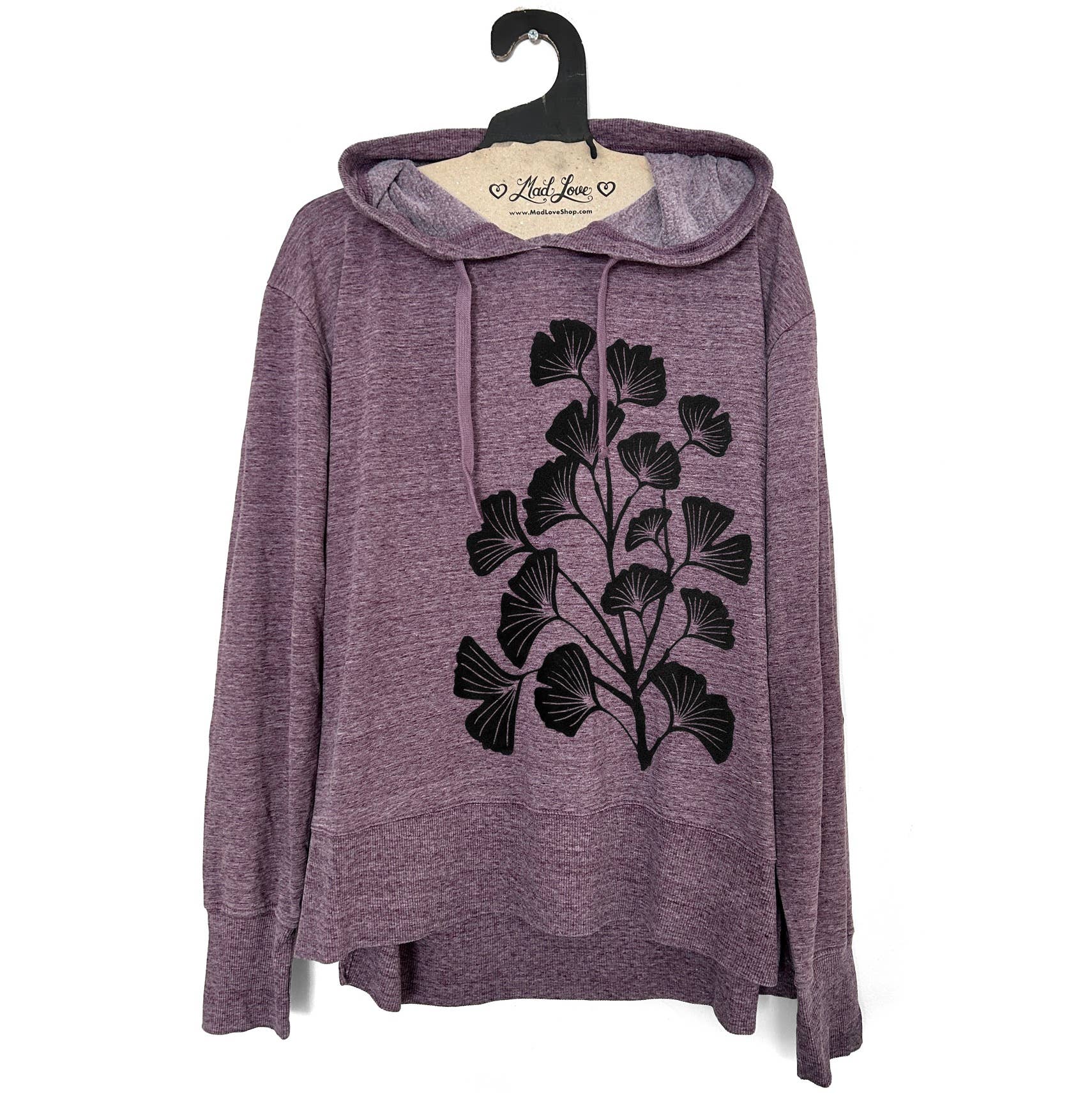 Mad Love Shop - Wholesale Hoodie - Women's - Limited Womens Heather Purple Hood with Gingko Leaves Print 1