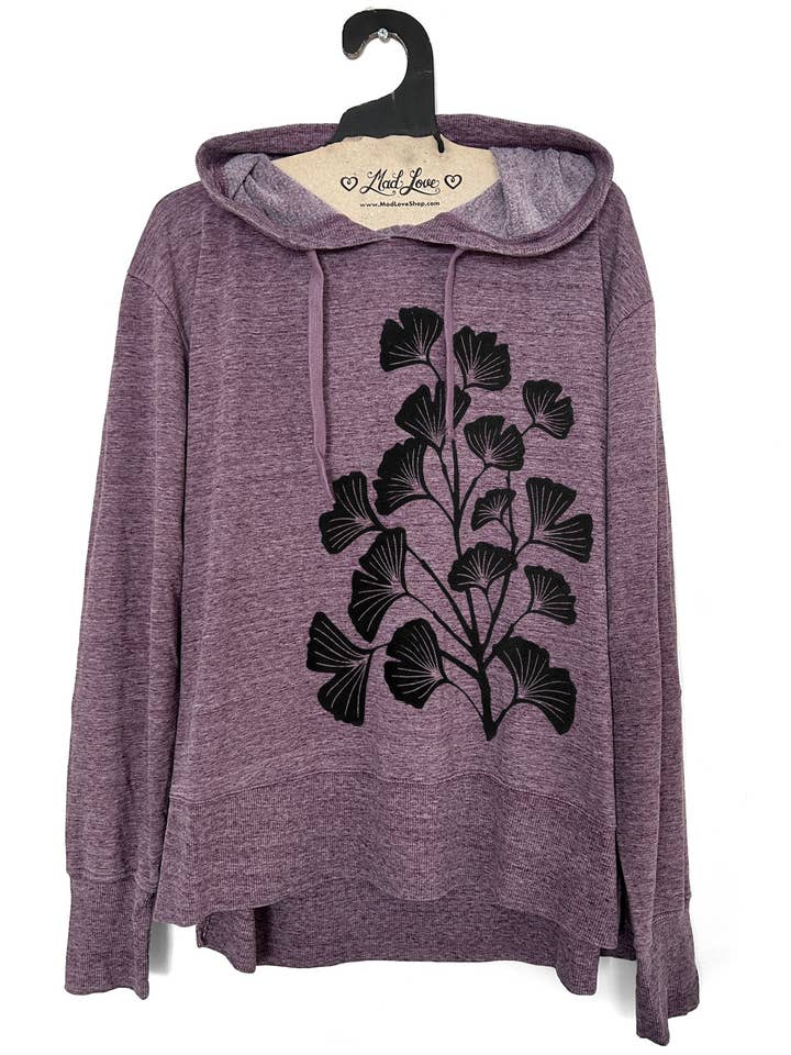 Mad Love Shop - Wholesale Hoodie - Women's - Limited Womens Heather Purple Hood with Gingko Leaves Print 1