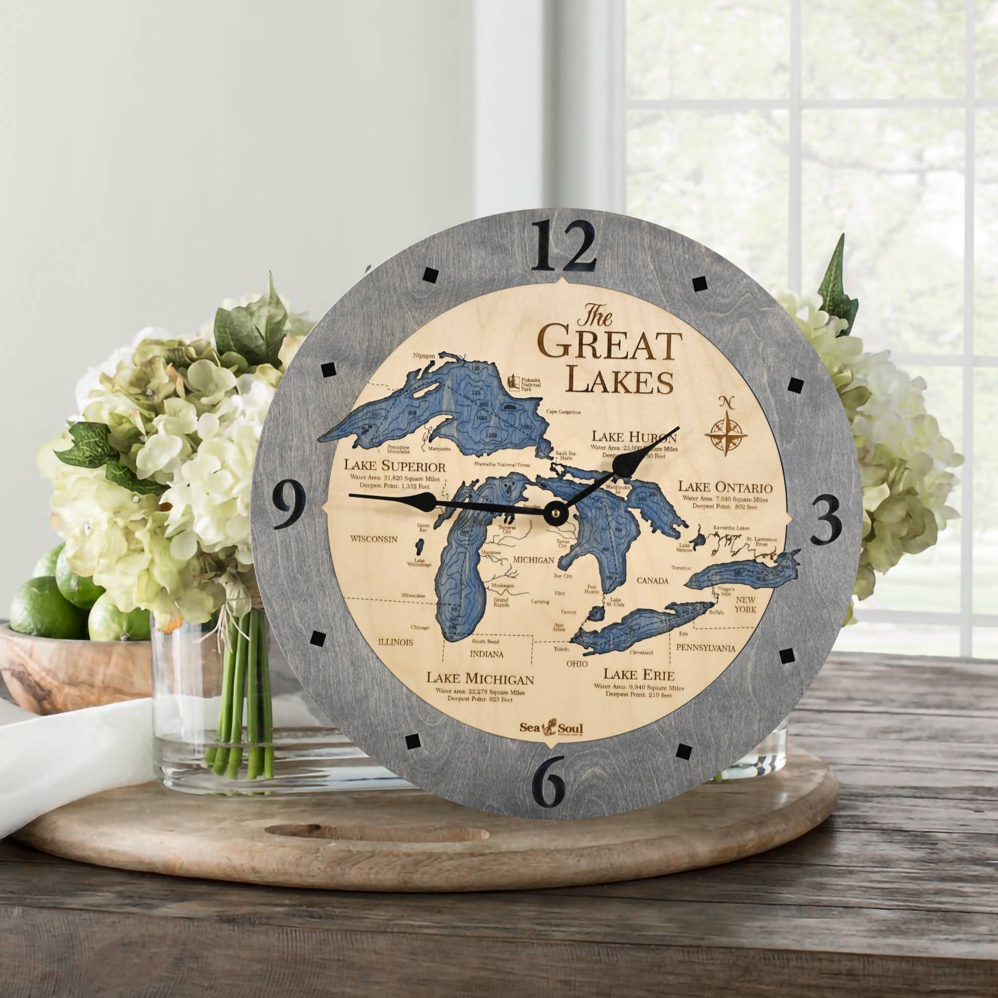 Sea & Soul Nautical Chart Art - Wholesale Muurklok - Great Lakes 3D Nautische kaart houten wandklok - 2 niveaus15