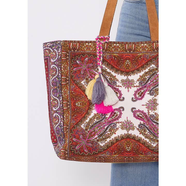 Pink Yellow Natural Beaded Scarf Print Shopper Tote Bag for wholesale on Faire