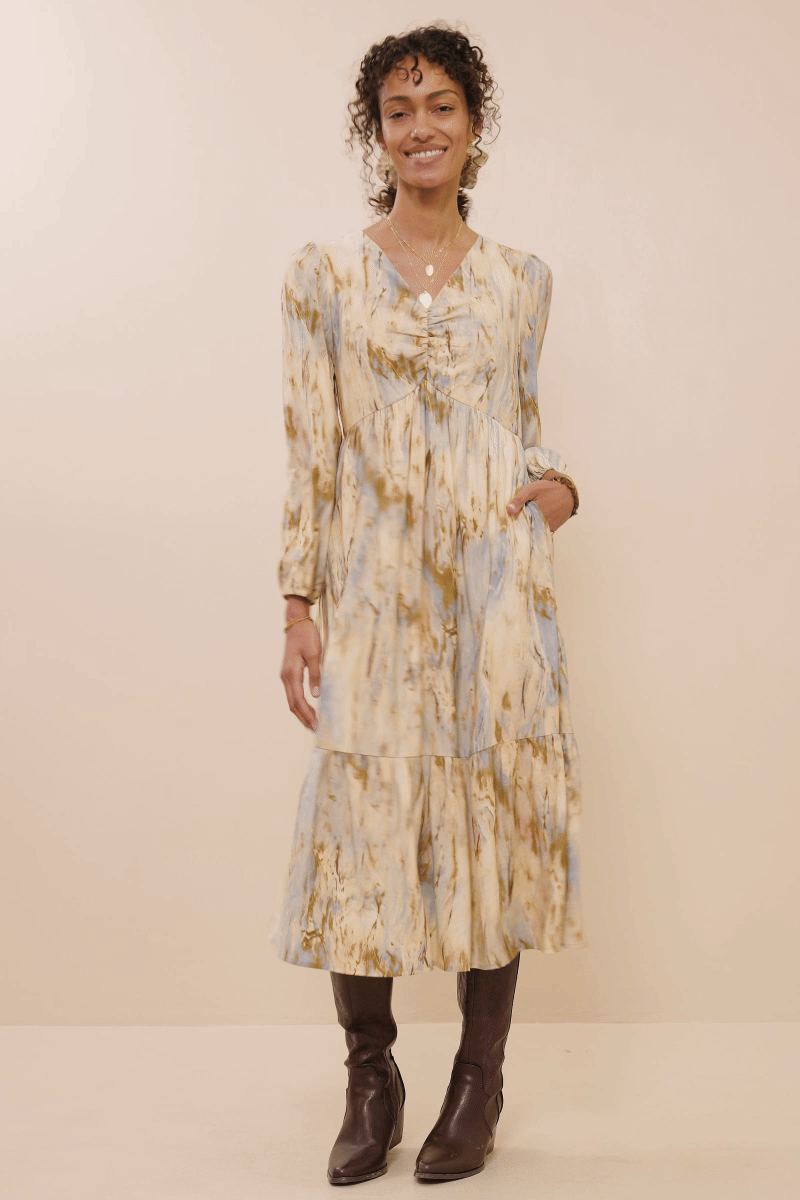 Taupe Womens Oil Print Long Sleeve Gathered Bust Dress for wholesale on Faire2