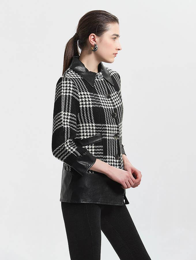 Black PU and Plaid Wool Casual Coat for wholesale on Faire7