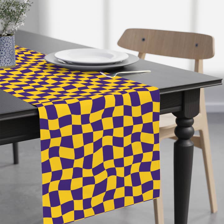 Purple and Gold Checkerboard Paper Table Runner for wholesale by Hey Y'all Party