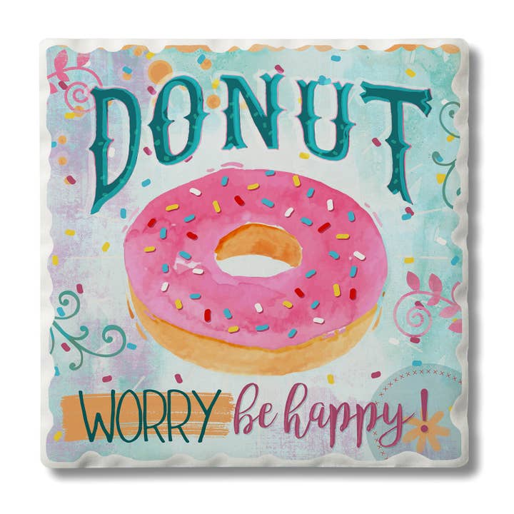 "Donut Worry" Single Absorbent Tumbled Tile Coaster for wholesale by Conimar Promotions
