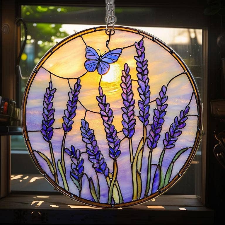 TMLECOM LTD – wholesale Ornament – Lavender Butterfly Suncatcher, Faux Stained Glass Hanging1