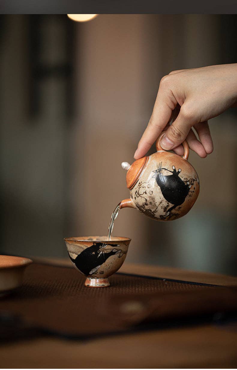 Gohobi （We cover U.S. import duties） - Wholesale Tea Pot - Gohobi Handmade Black Ink Hand-painted Cat Teapot 00514