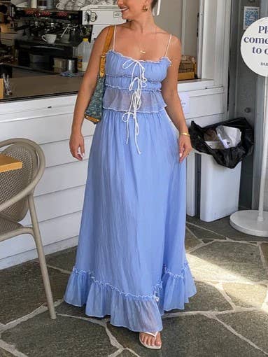 Rosa Clothing - Wholesale Top & Skirt Set - Women's - Suspenders Bow Top Pleated Skirt Set3