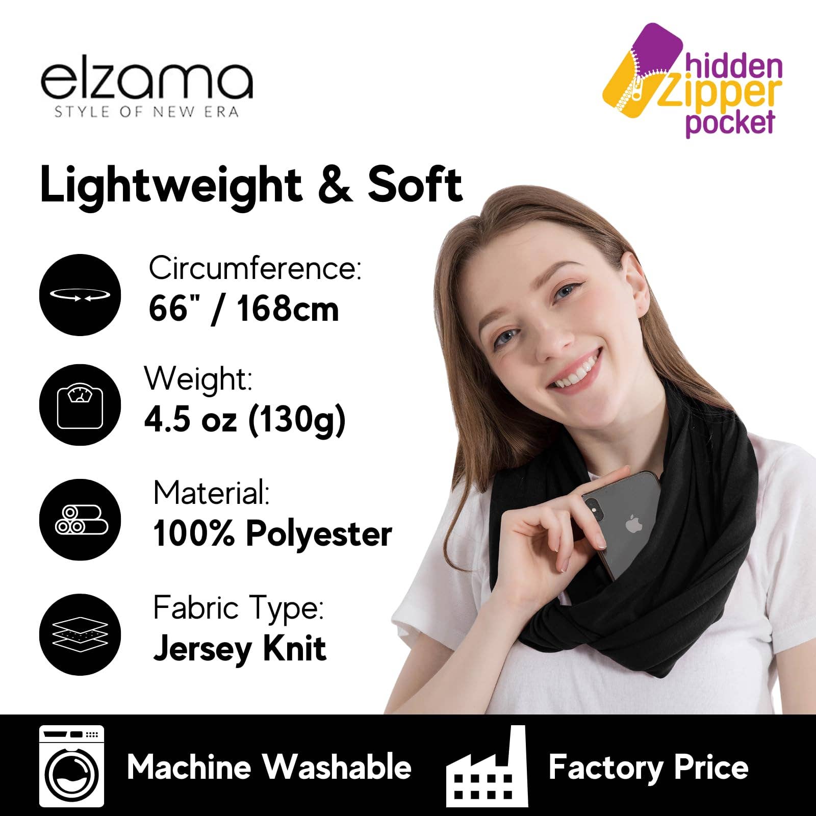 Elzama - Wholesale Scarf - Women's - ELZAMA Solid Color Infinity Scarf with Hidden Zipper Pocket2
