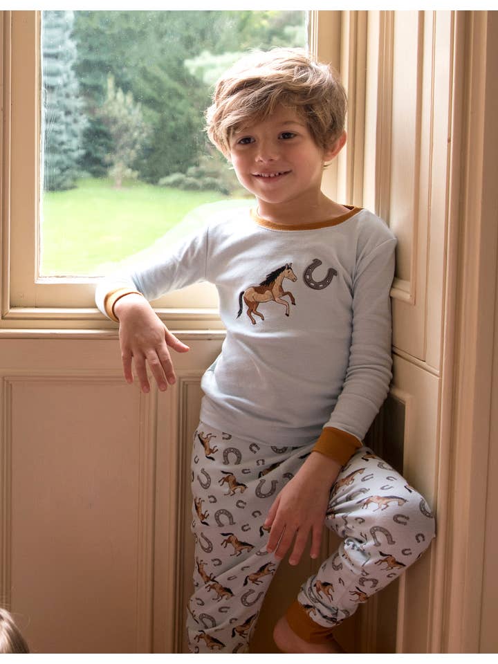 Leveret Pajamas - Venta al por mayor Conjunto de pijama - Niños - Pijama de algodón para niños de dos piezas con estampado de caballos y unicornios1