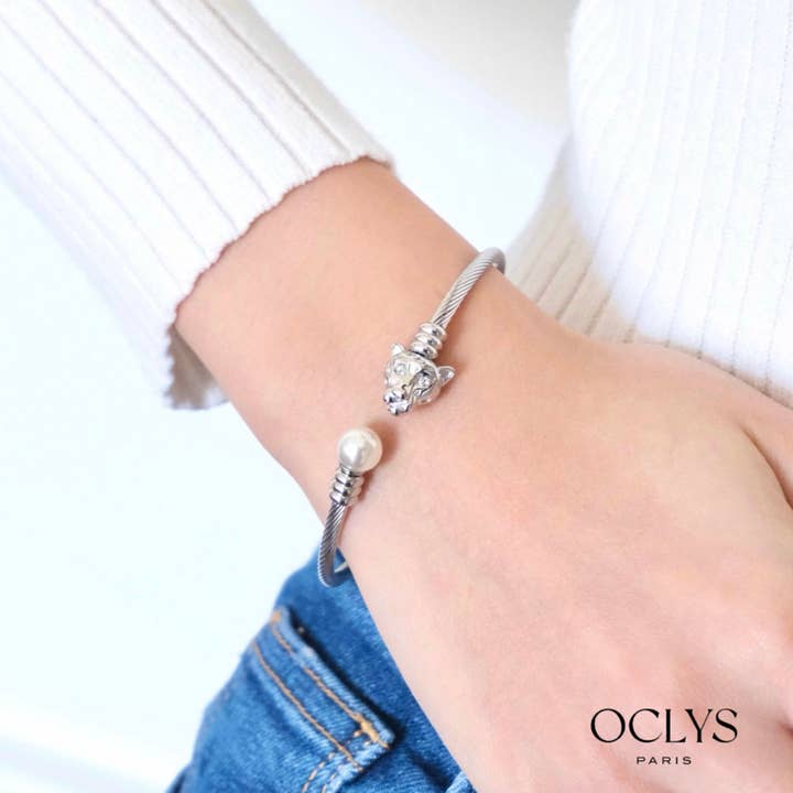 Oclys - Wholesale Bangle Bracelet - Flexible bangle bracelet with jaguar bead in stainless steel Jaja3