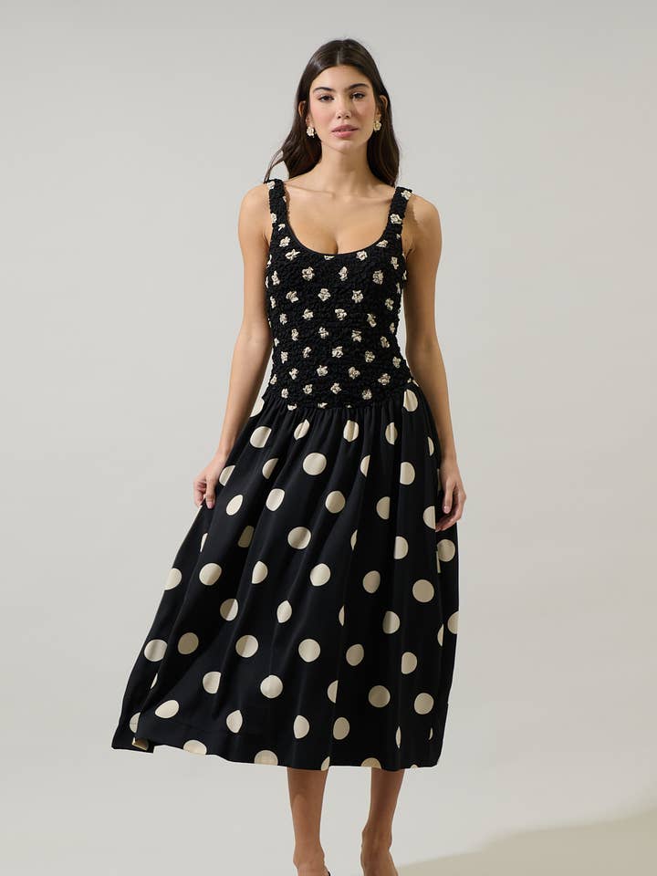 Demmy Polka Dot Ruched Midi Dress for wholesale by Sugarlips
