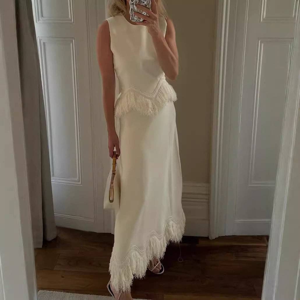 Cream White Elegant fringe dress set Autumn  winter nights for wholesale on Faire5