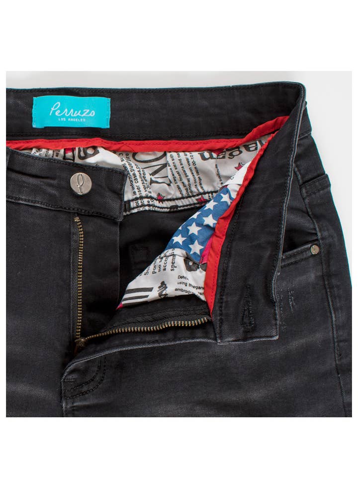 Perruzo - Wholesale Jeans - Men's - Black Skinny Jean with Python Patch (7571)3