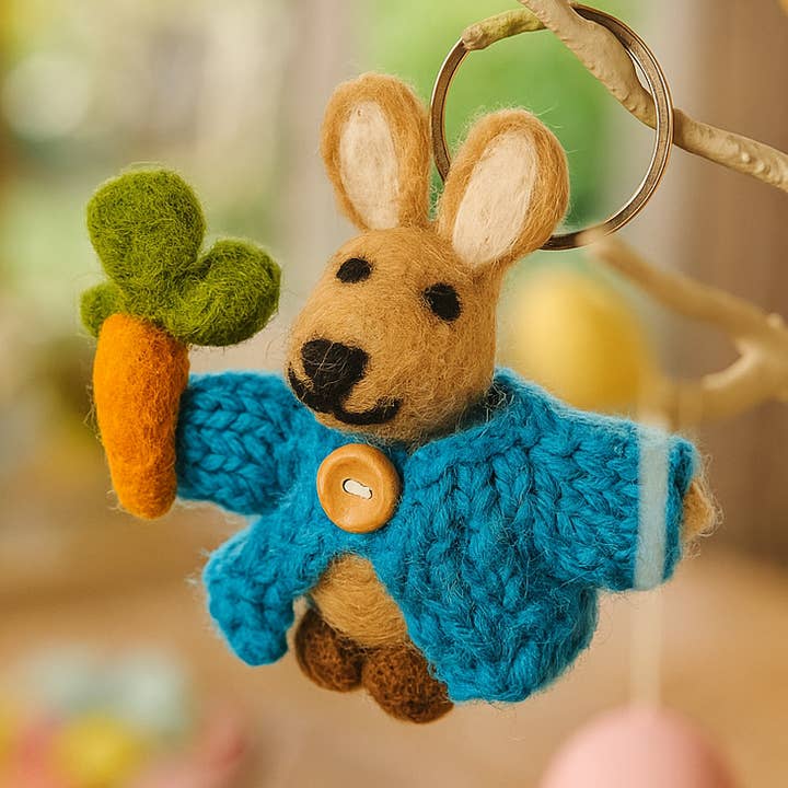 Handmade Fair trade Needle Felt Rabbit in Cardigan Keyring for wholesale by Felt So Good
