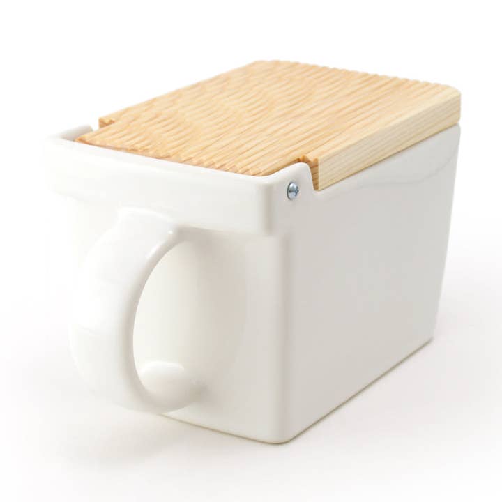 Bee House Ceramic Salt Box With Wooden Lid - White for wholesale by ZERO JAPAN USA