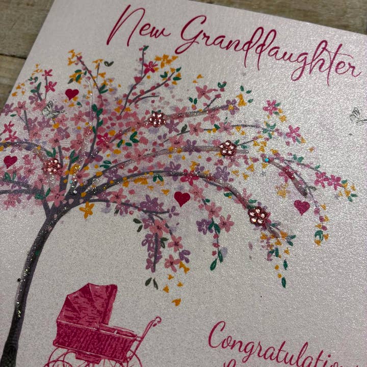 NIEUWE KLEINDOCHTER - MOOIE ROZE BLOESEMBOOM NIEUWE BABY DP126 voor wholesale door White Cotton Cards