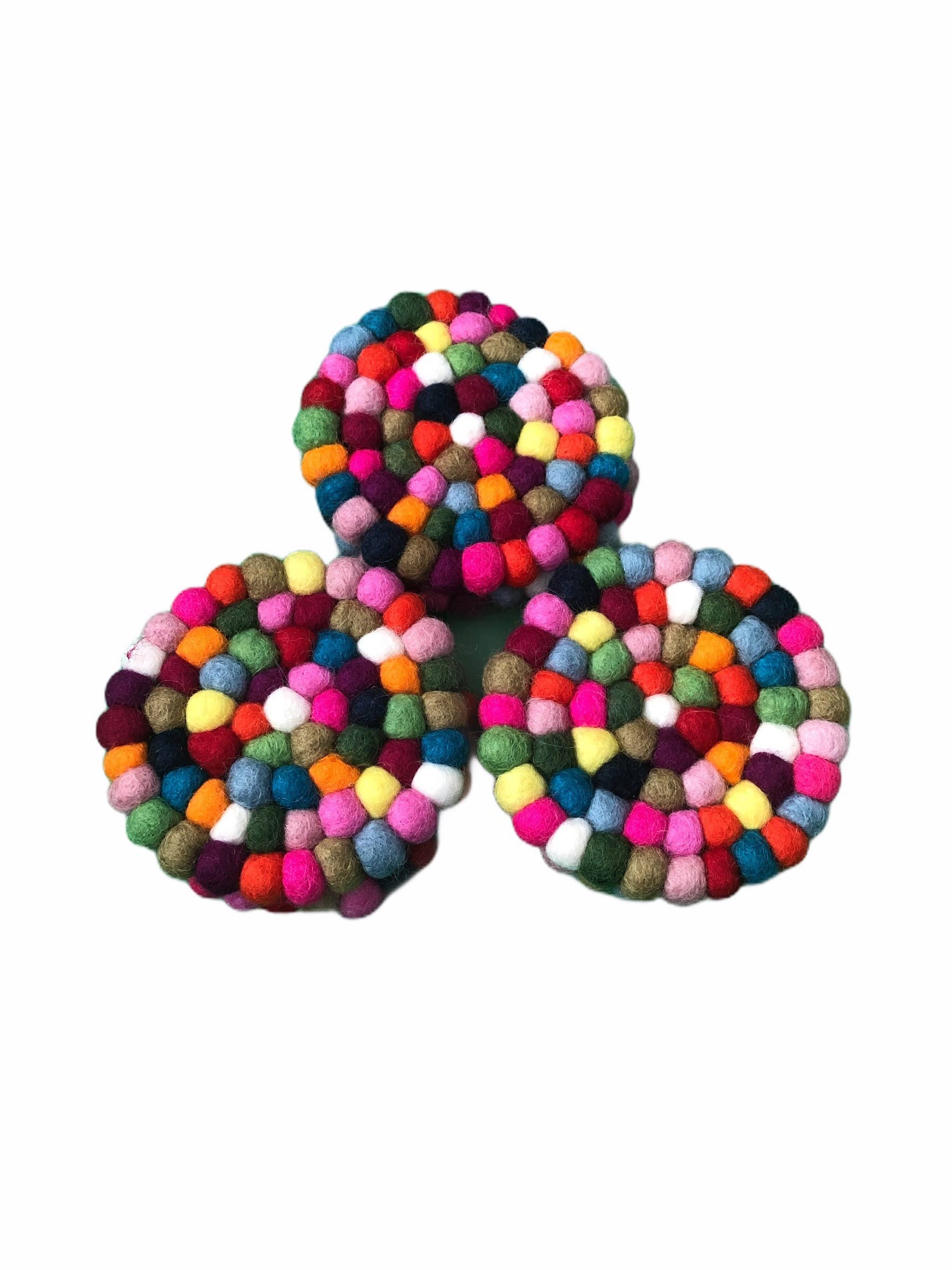 Funky Yak Ltd – wholesale Coasters – Felt Pom Pom Round Multicolour Coasters Handmade In Nepal2