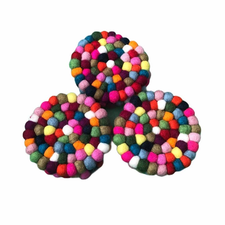 Funky Yak Ltd - Wholesale Coasters - Felt Pom Pom Round Multicolour Coasters Handmade In Nepal2