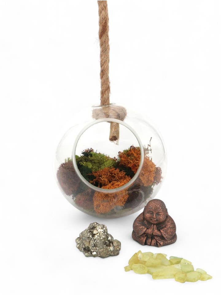 Glücks-Buddha Pyrit Kristall Hängendes Globus-Terrarium für den Großhandel von Buddha Groove