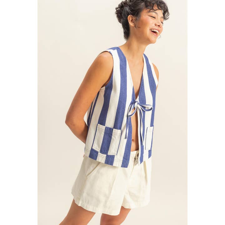 HYFVE - Wholesale Shirt - Women's - DZ25E183-Striped Front Bow Tie Sleeveless Vest