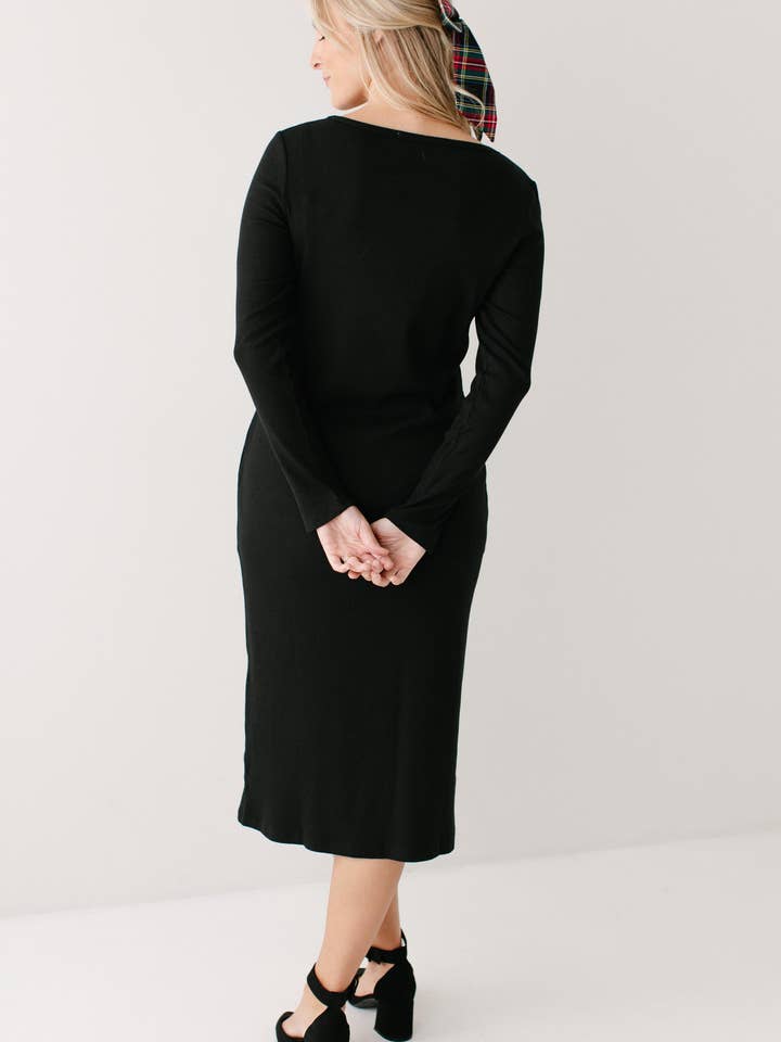 Black 'Constance' Bamboo Blend Ribbed Long Sleeve Midi Dress for wholesale on Faire11