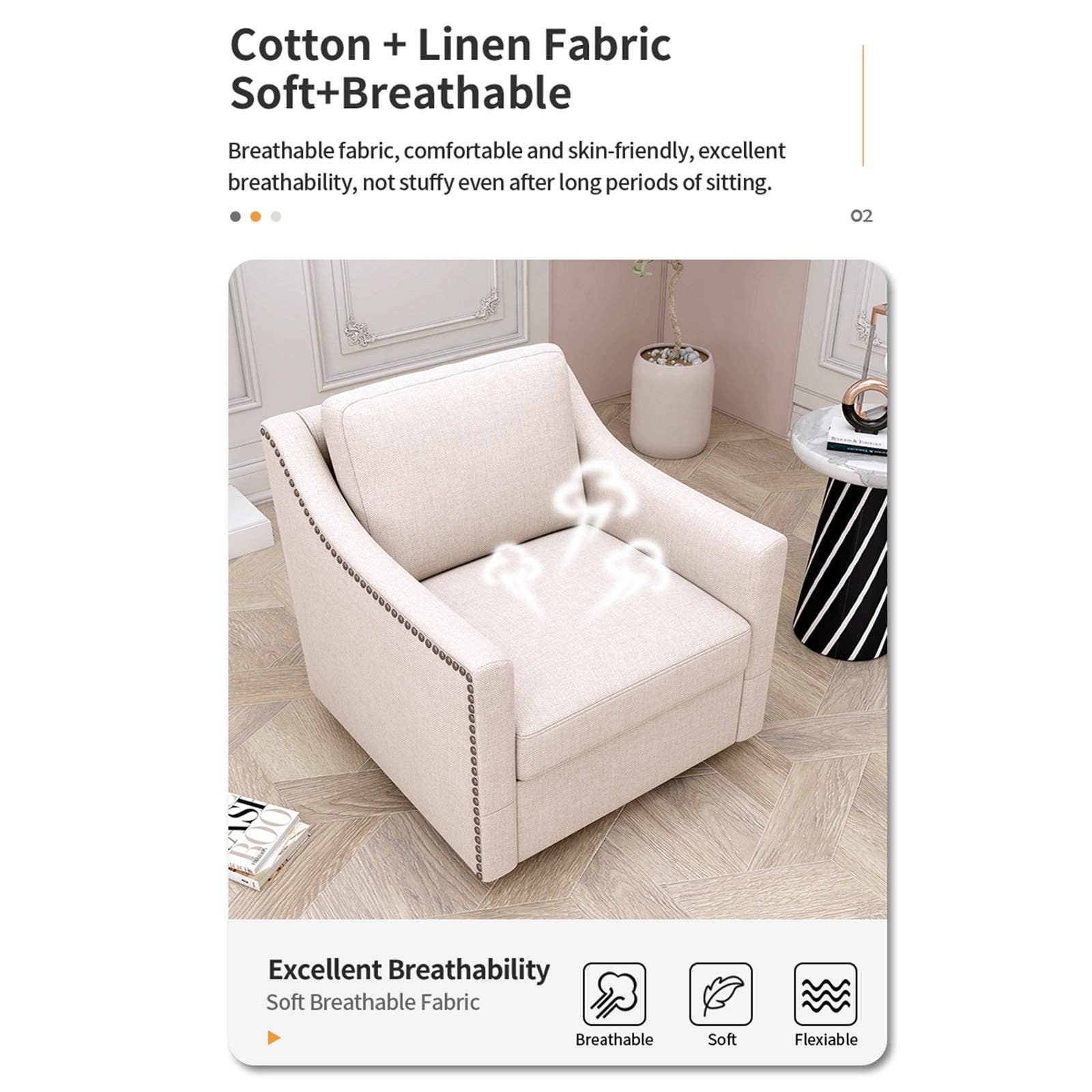 Orange County Decor - Wholesale Chair - 360 Degree Swivel Armchair Cotton Linen Skin Friendly Fabric Ergonomic Design Brass Nail Decorative Armchair Living Room Chairs Bedroom Chairs Living Room Chairs Black Legs Suitable For Indoor Homes5