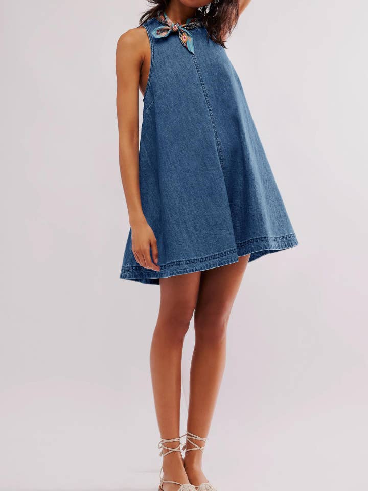 Dipped Shop - Wholesale Dress - Women's - Denim Round Neck Sleeveless Mini Dress DP25A531