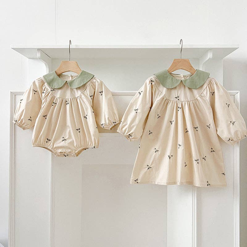 MyKids-USA® – Großhandel Bekleidungsset – Baby – Ankunft Herbst Baby Kinder Mädchen Langarm Floral Stickerei Muster Peter Pan Kragen Body und Kleid – Prinzessin Schwester Matching Set3