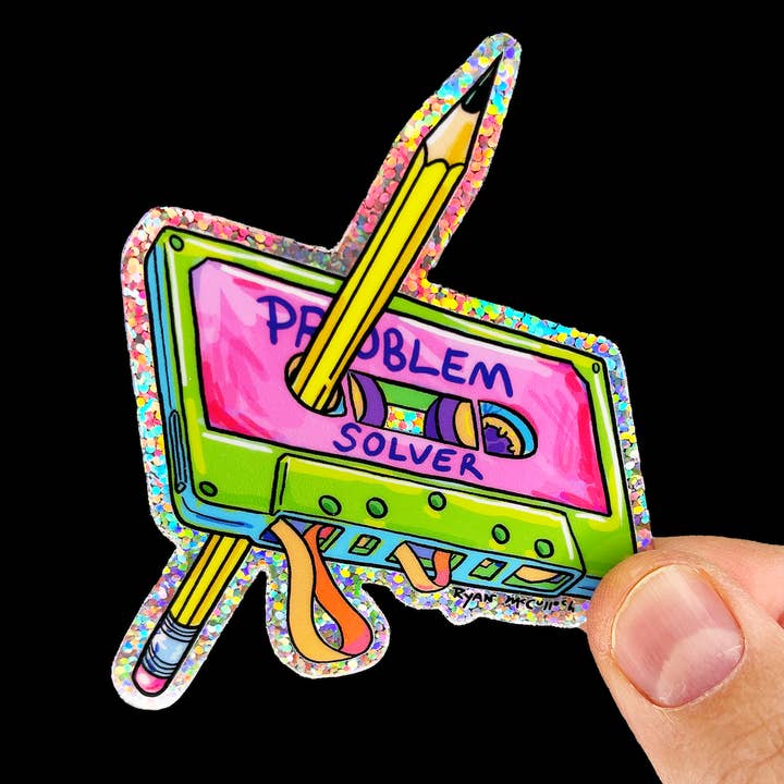 GLITTER STICKER: "Problem Solver" (Cassette Tape & Pencil) for wholesale by Ryan McCulloch Art