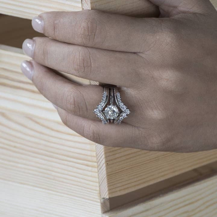 TwoBirch - Wholesale Wedding Band/Ring - Sterling Silver Chevron Ring Guard with Cubic Zirconia