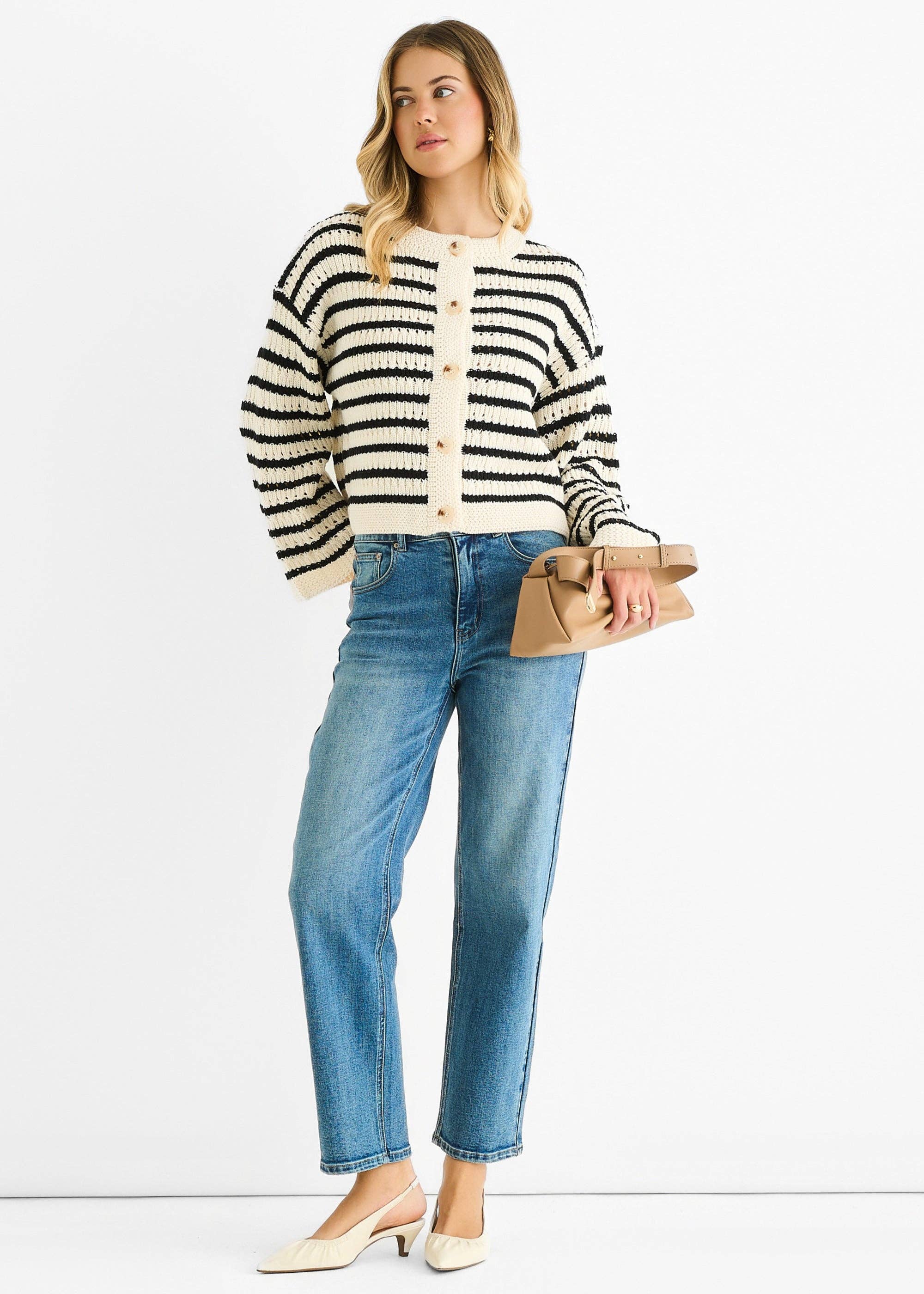 GINI LONDON - Wholesale Dress - Women's - Cream Stripe Cable Knit Crop Cardigan5