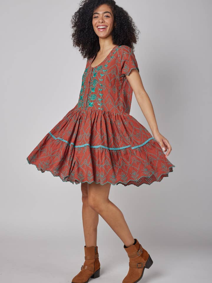 ModaPosa - Wholesale Dress - Women's - Simonetta Brown Blue Hand Embroidered Fall Dress3