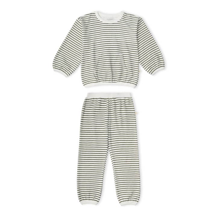 Organic Tee & Pant Slouch Set - Olive Stripes for wholesale by Makemake Organics