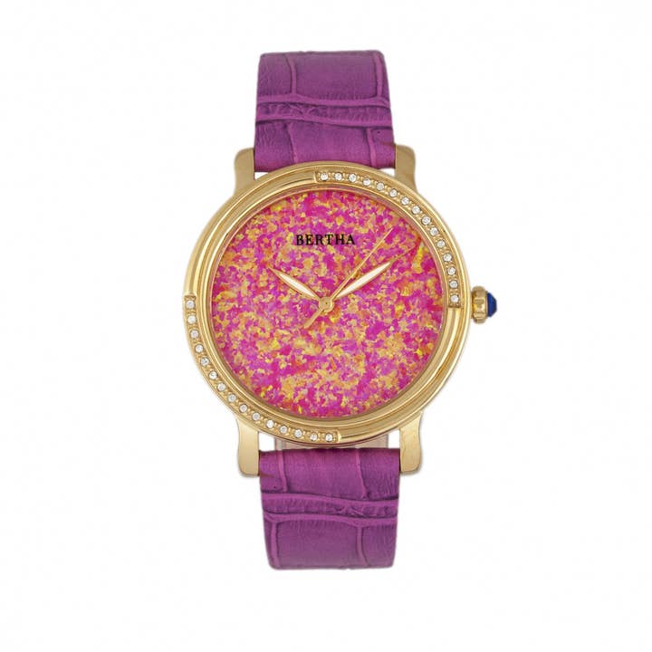 Bertha Courtney Opal-Dial Leather-Band Watch with Crystals for wholesale by Bertha