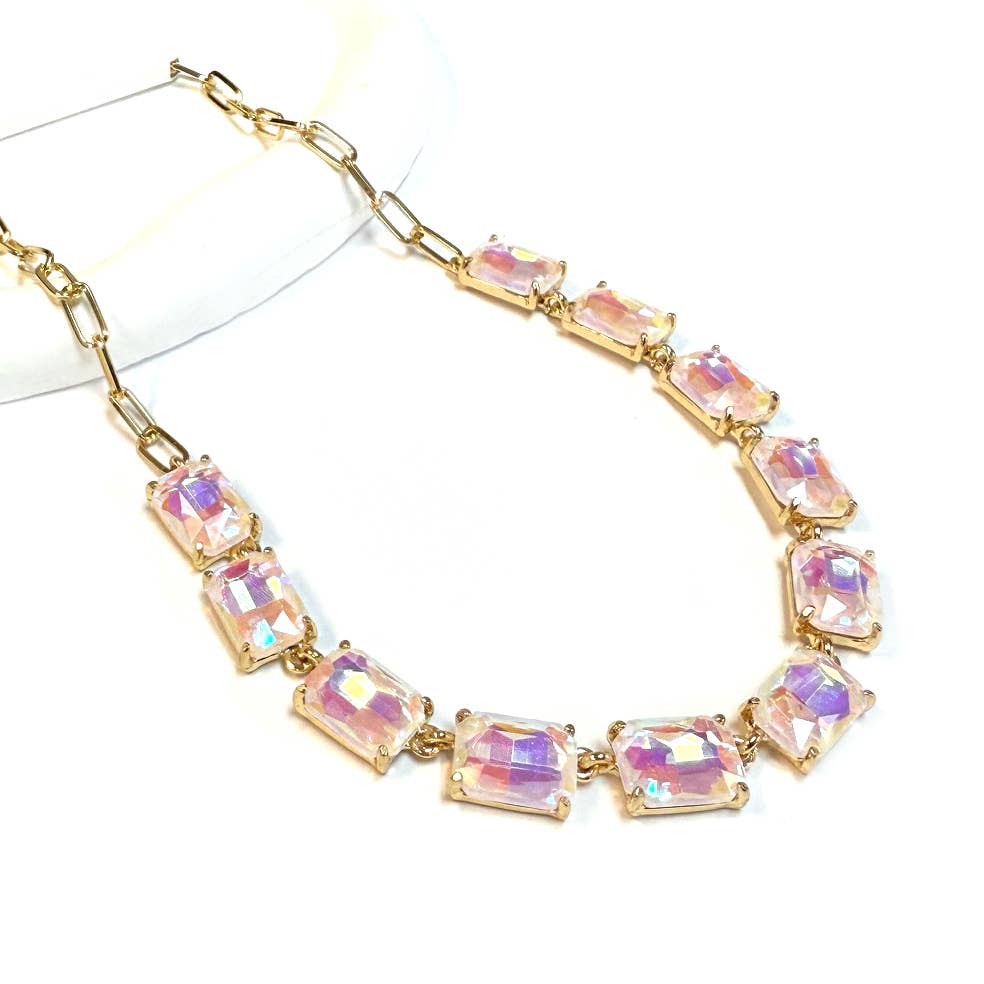 StarryNYC - Wholesale Link & chain necklace - Rectangle Crystal Glass Linked Statement Chain Necklace 30