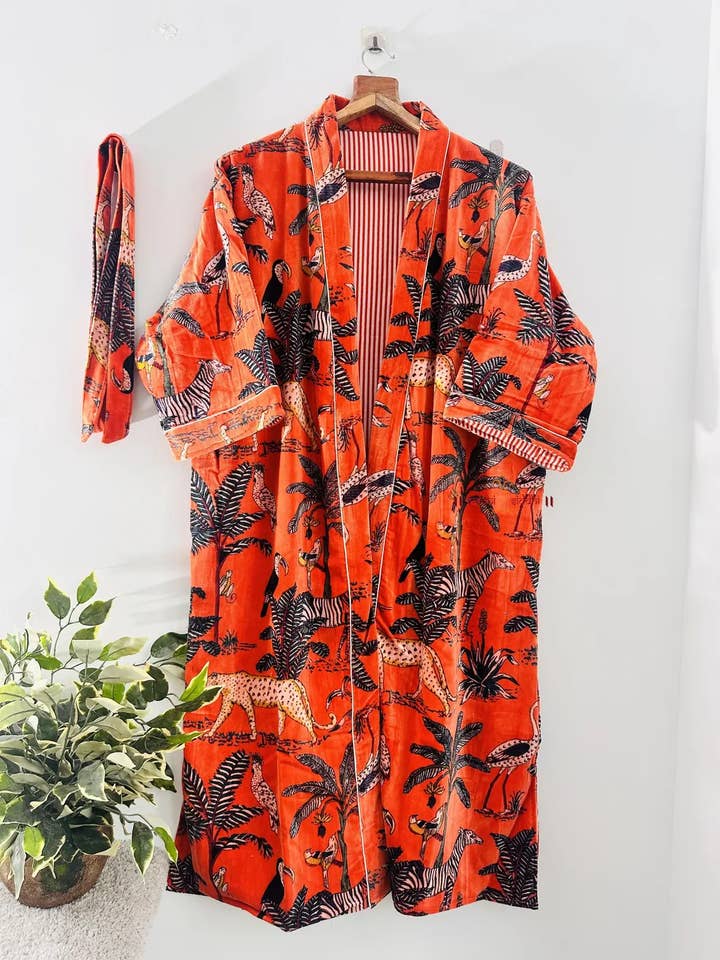 GYPSY STUDIO - Wholesale Robe - Women's - velvet jungle print kimono robe| Handmade stitched robe |