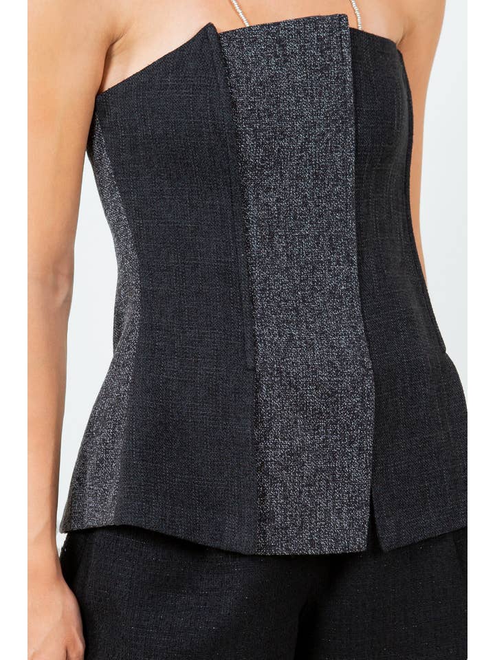TWO TONE TWEED BUSTIER TOP - BLACK COMBO for wholesale on Faire4