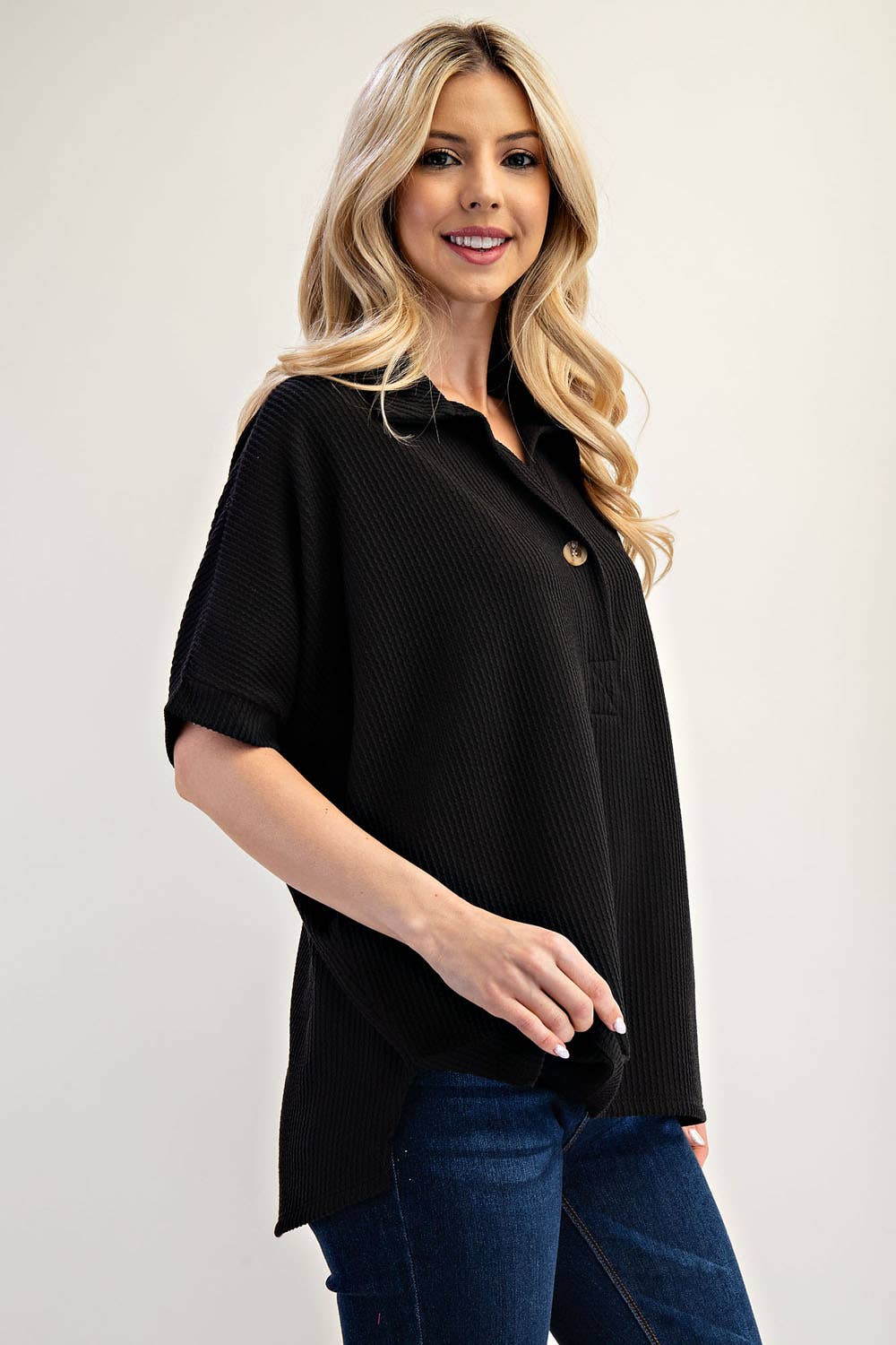 Celeste Clothing - Wholesale Knit Top - Women's - PLUS SIZE RIB KNIT COLLARED TOP WITH SHORT SLEEVES -CT2391336