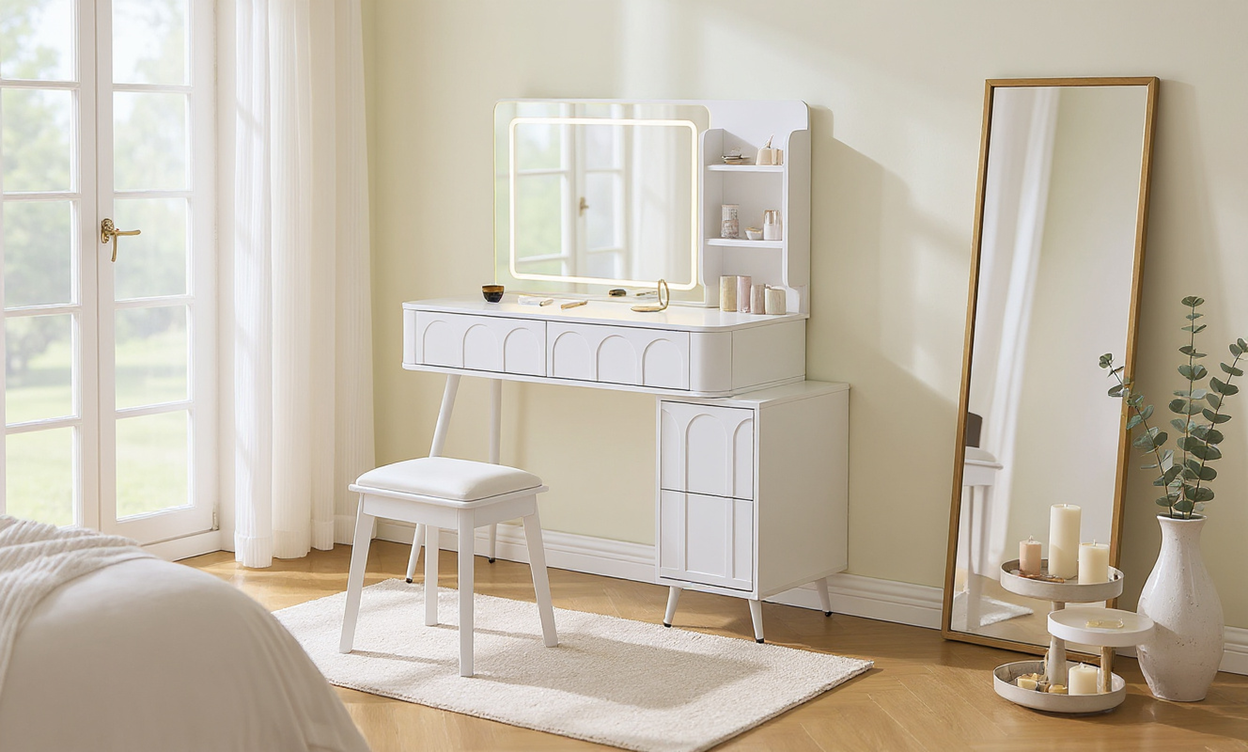 White Modern Makeup Vanity Desk with LED Lights & Mirror for wholesale on Faire9