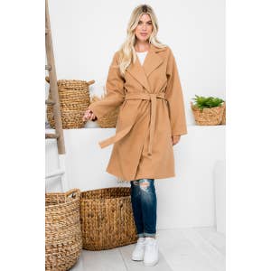 Camel collarless longline sales coat