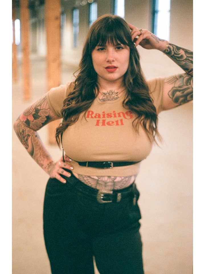 Tan Raising Hell 90's Baby Crop Tee for wholesale on Faire4