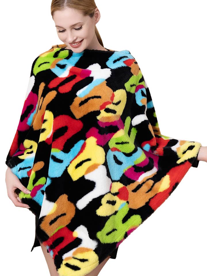 Multi-Camo Fluffy Faux Fur Pullover Poncho for wholesale by Cap Zone