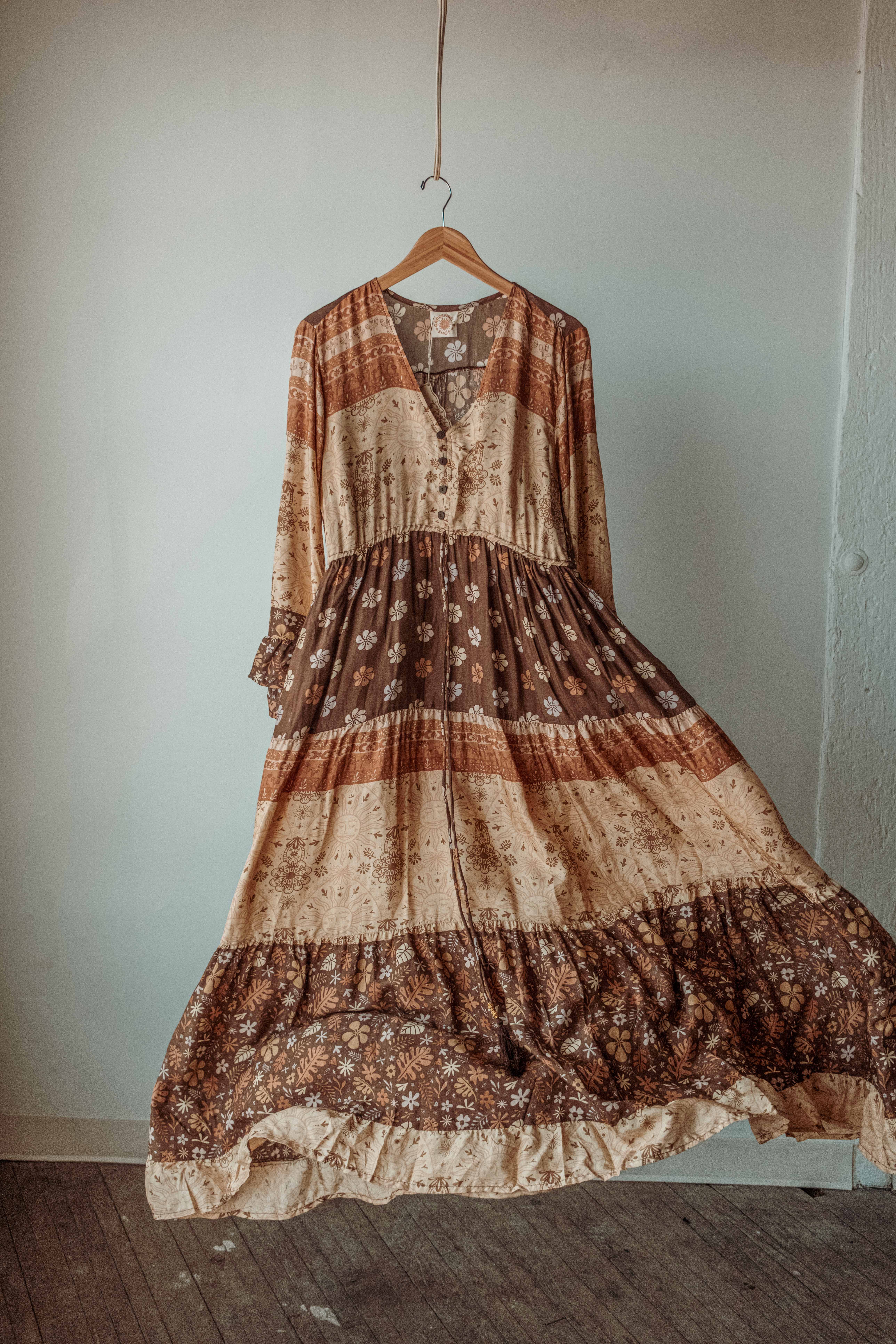 Gardenbelle Shop – wholesale Dress – Women's – Boho Hippie Maxi Dress, Earthy Solstice Bell Sleeve Dress17